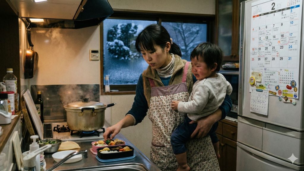 子どもを抱っこしながら夕食の準備をする忙しい母親