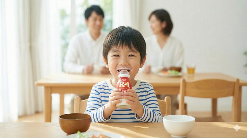 朝の食卓で明治R-1を飲む笑顔の子どもと後ろに座る両親