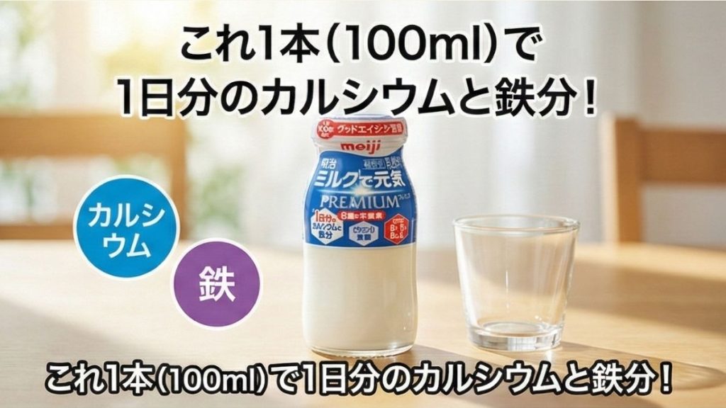広島市・東広島市で宅配している明治ミルクで元気プレミアム。1日分のカルシウムと鉄分を手軽にとれる乳飲料