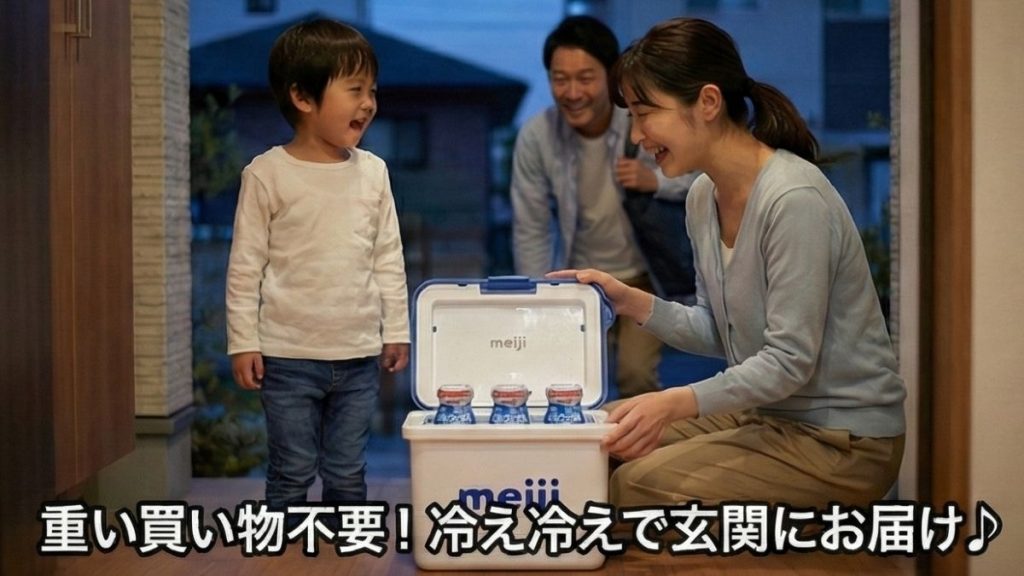 広島市・東広島市で明治の宅配牛乳をお届け。重い買い物をせず玄関で冷えたまま受け取れる子育て世代にやさしいサービス