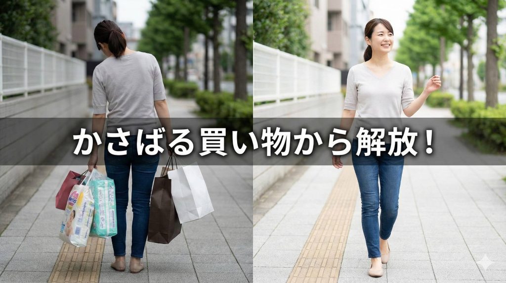 両手に大きな買い物袋を抱えて疲れた様子の女性の後ろ姿と、手ぶらで軽やかに歩く笑顔の女性の比較画像。家事代行や宅配サービスによる負担軽減のイメージ。