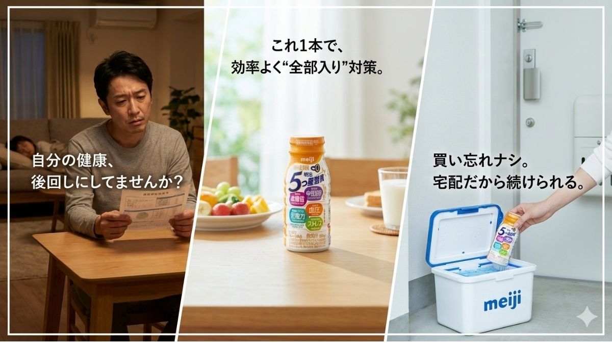 健康診断に悩む男性と明治5つ星習慣の宅配・保冷箱での受け取り