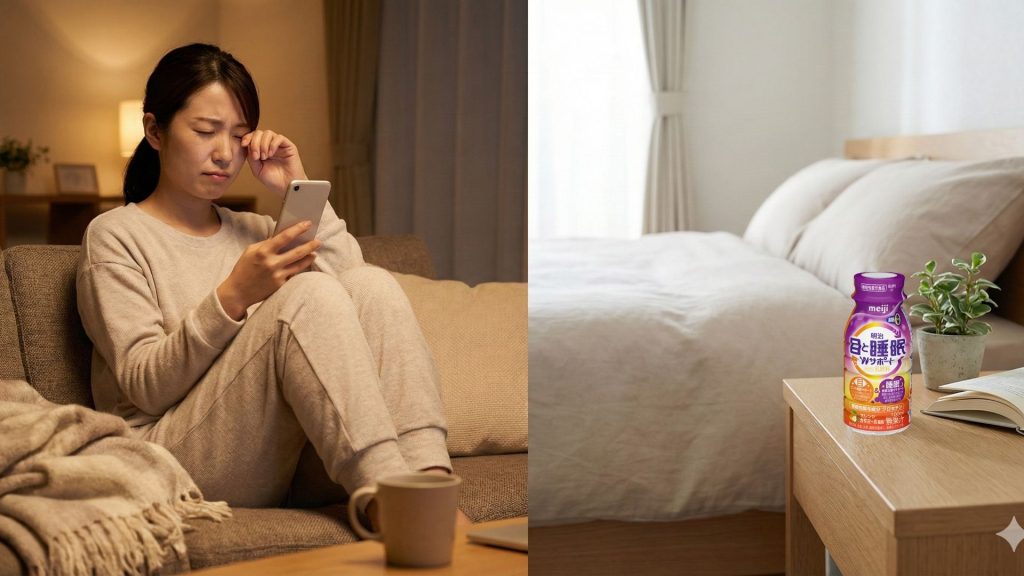夜、リビングでスマホを見ながら目をこする疲れた女性と、朝の明るい寝室のサイドテーブルに置かれた明治目と睡眠Wサポートの瓶の比較画像。