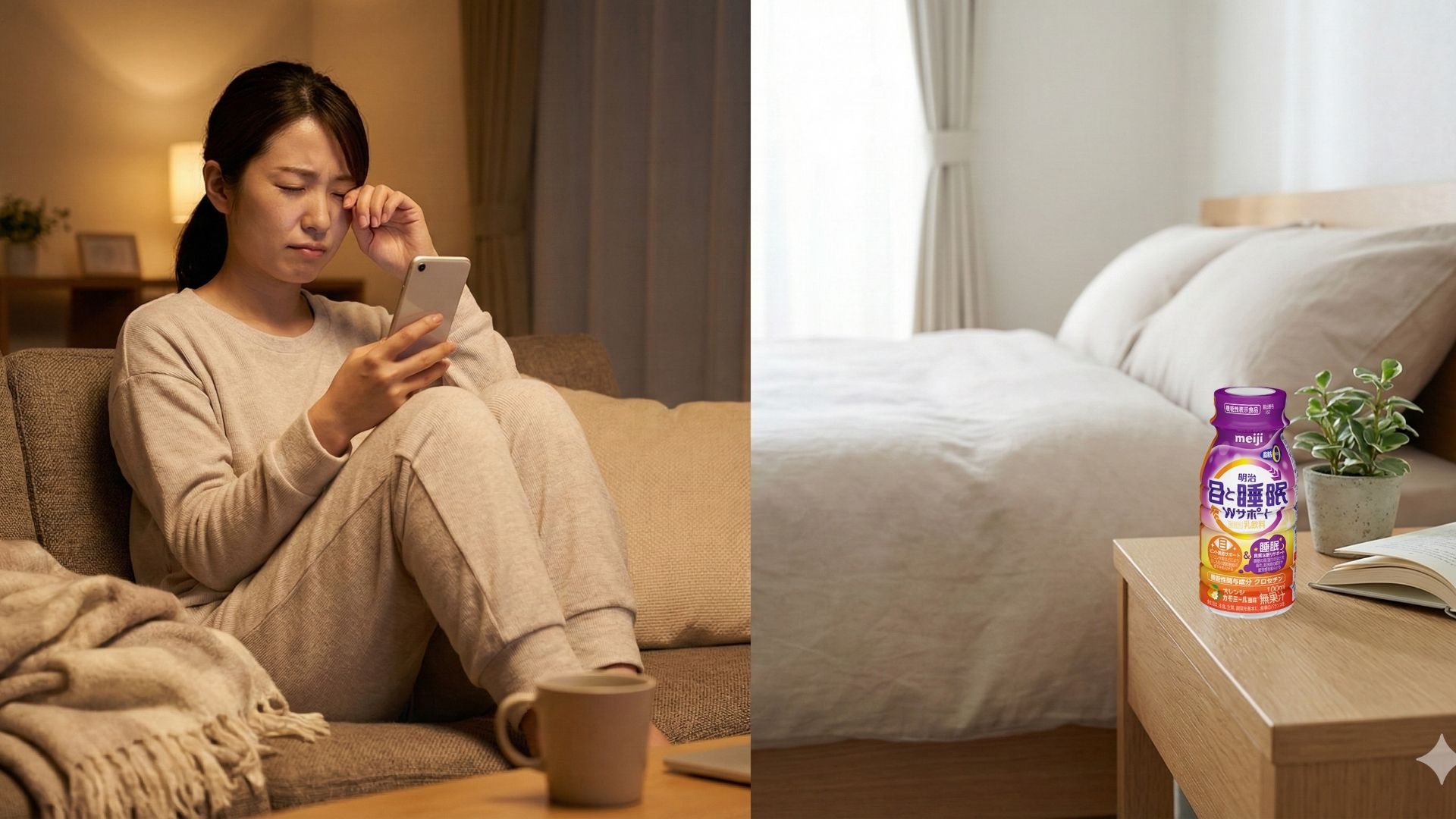 夜、リビングでスマホを見ながら目をこする疲れた女性と、朝の明るい寝室のサイドテーブルに置かれた明治目と睡眠Wサポートの瓶の比較画像。