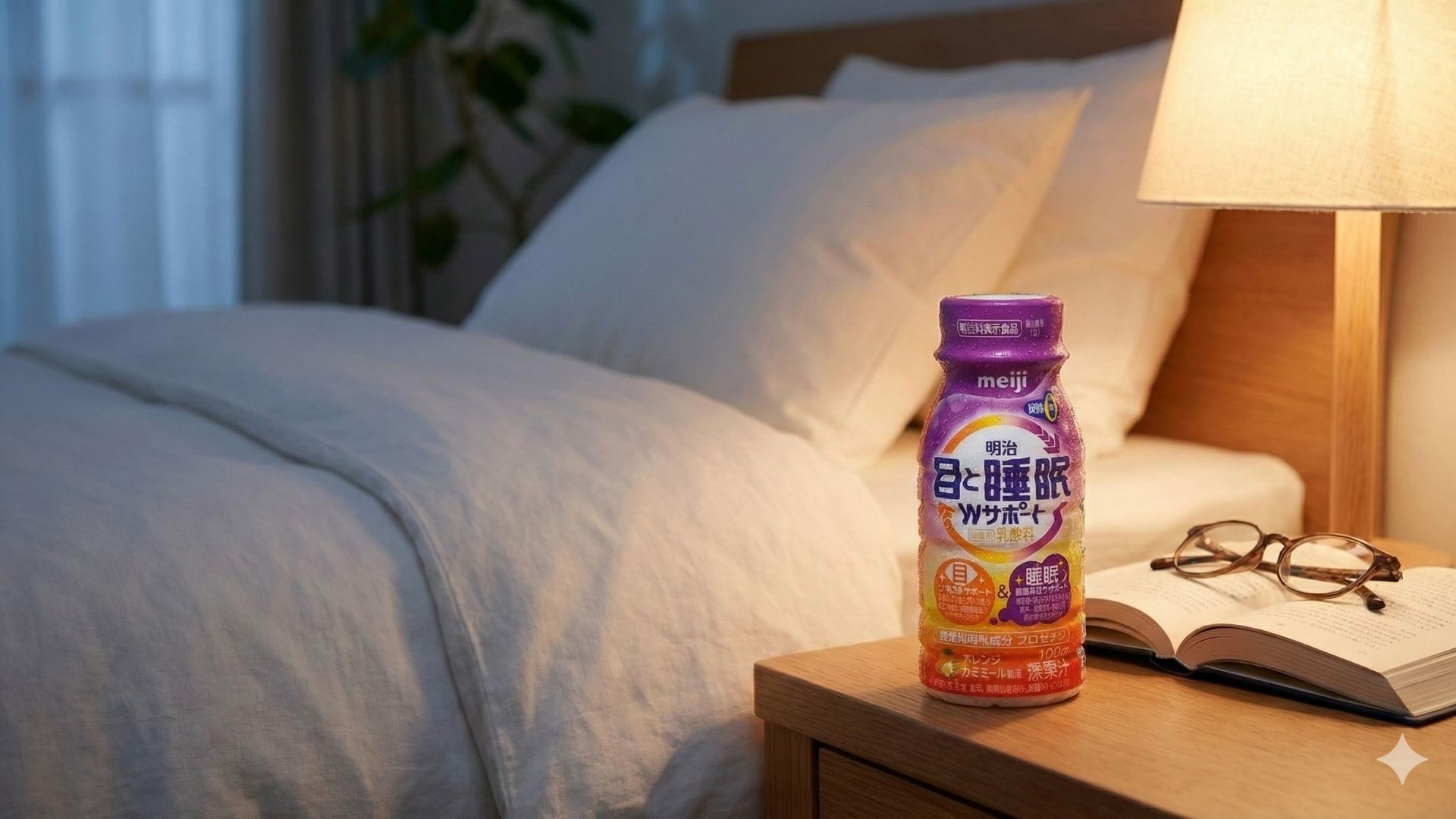 夜、温かいランプの光に照らされた寝室のナイトテーブルに置かれた、冷えて結露した「明治 目と睡眠Wサポート」のボトル。隣には本と眼鏡がある。